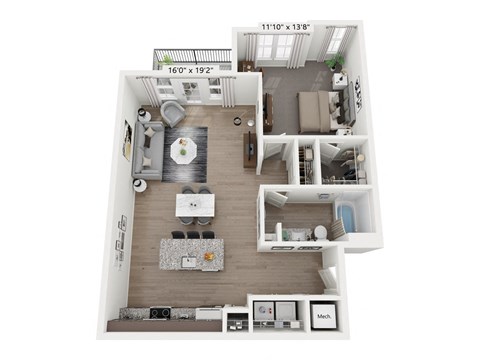 a floor plan of a 1 bedroom apartment at Plat 4 at Research Triangle in Durham, NC